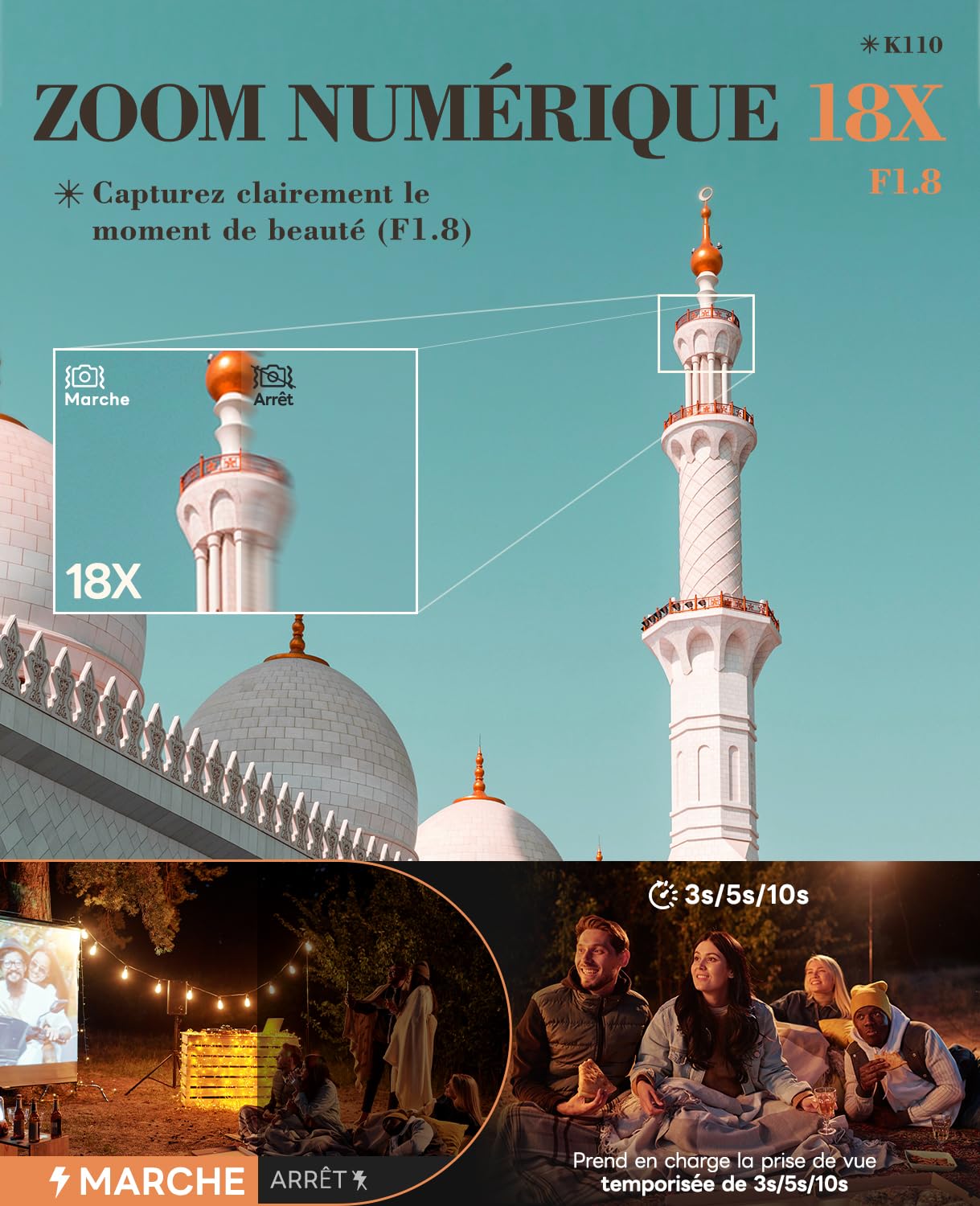 Appareil Photo Numérique 5K 64MP Autofocus Zoom 18x Écran IPS 3" Orientable 180° Carte 64GB 2 Batteries Noir