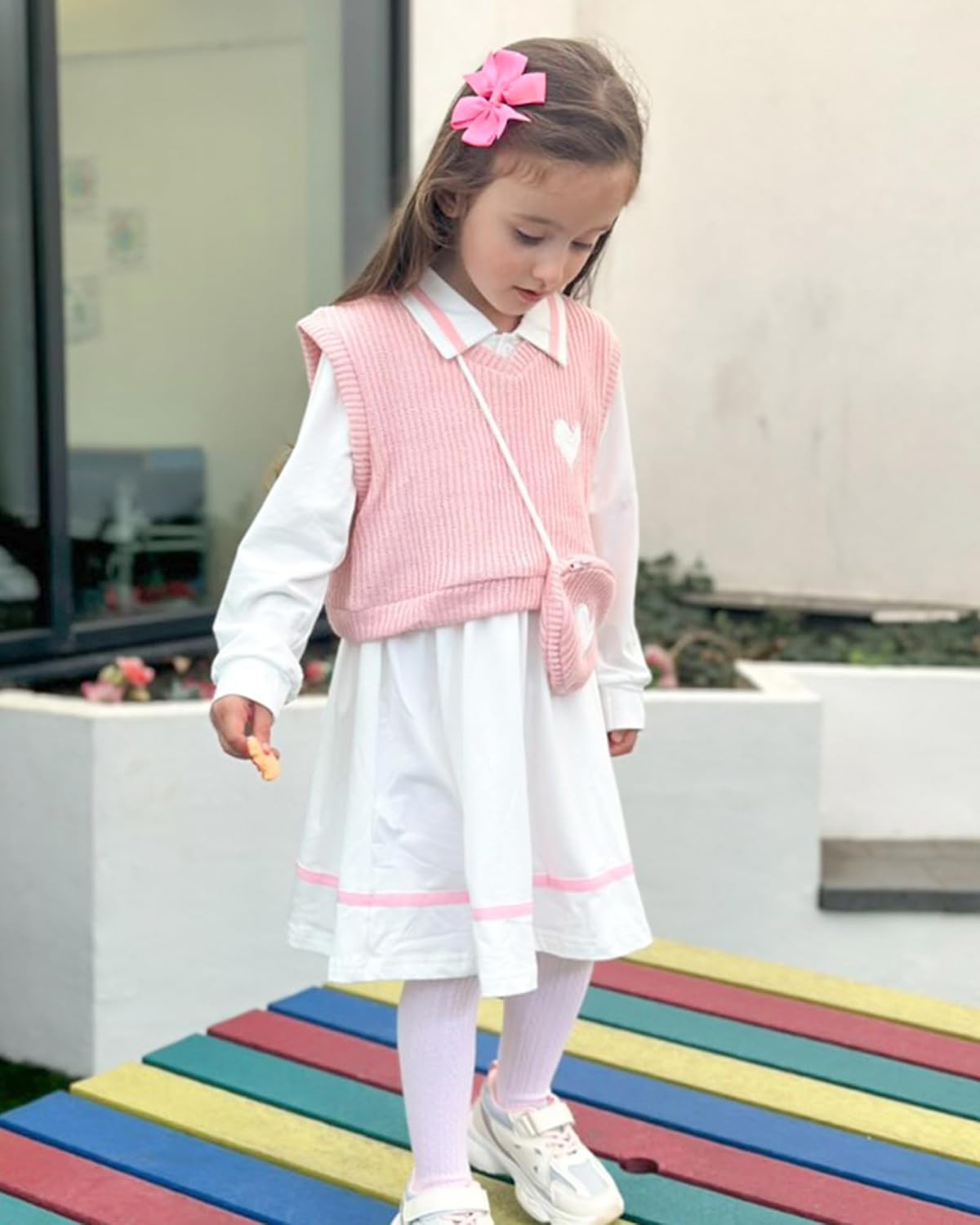 Toddler Girl Long Sleeve Button Down Collared Shirt Dress Sleeveless Vest Sweatshirt with Cute Bag 3 Pieces Outfits - Image 2
