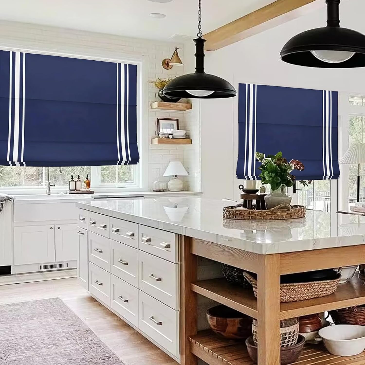 Cordless Roman Shades with Ribbon Border, Navy White Premium Room Darkening Roman Window Shades, Custom Washable Fabric Roman Shades for Windows, Doors, Kitchen Windows