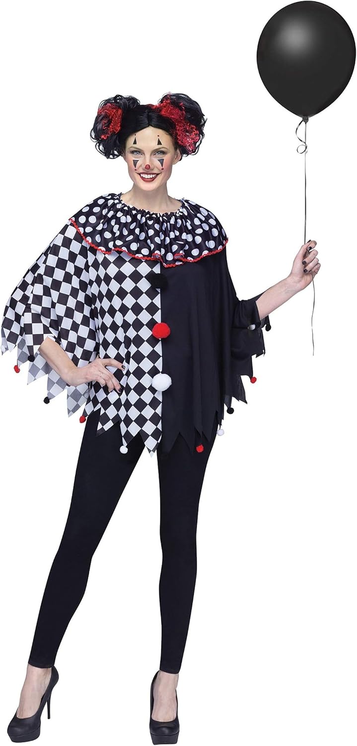 Fun World Women's Womens Fun Clown Poncho Costume Checkered Polka Dots Adult Costume, Multi, Standard
