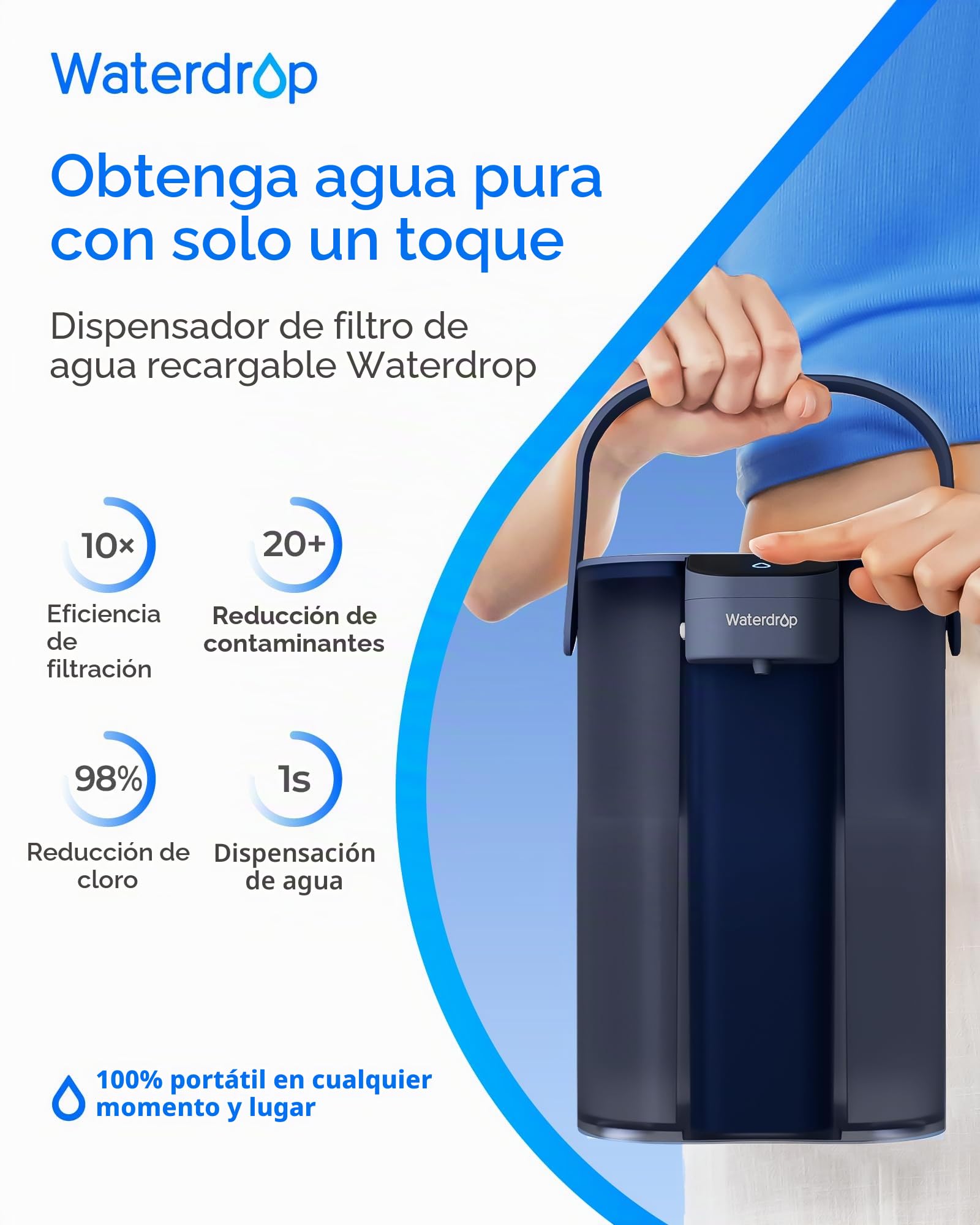 Waterdrop Jarra de filtro de agua eléctrica de acción instantánea y filtro de 3 meses, sistema de filtración de agua de 3,5 l para encimera, reduce el 98% de cloro y más de 20 impurezas, color azul