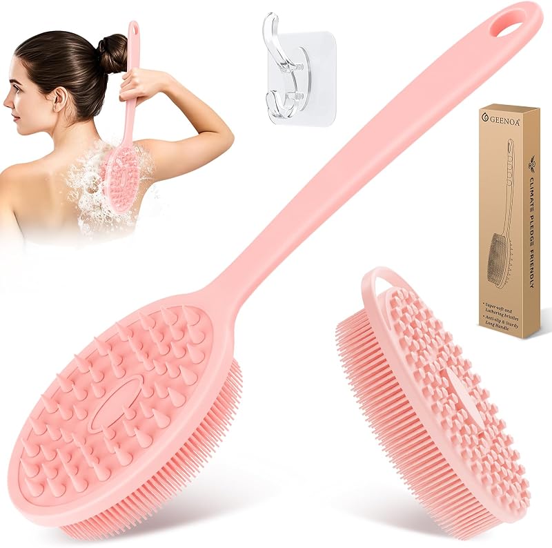 Conjunto de escovas de silicone para costas e corpo GEENOA, 2 unidades, cabo de 34 cm, dupla face, Pink