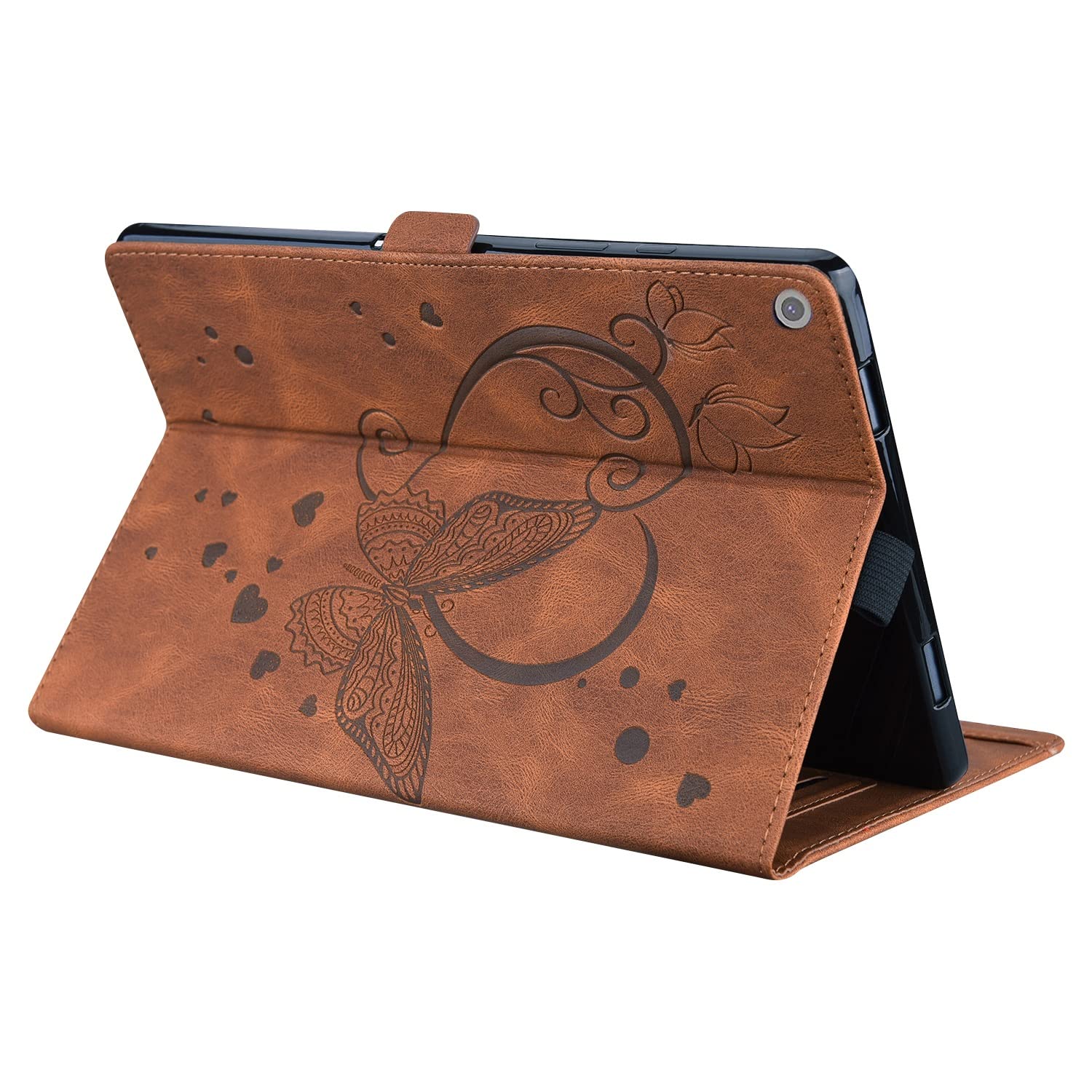 Podróż na tablecie Dla Kindle Fire HD 8. Tablet 2018/2017/2016 Case / 7. 6. Motyl wytłoczony stojak składany pokrywa ochronna Pu Skórzana klapka Slot PC. Sprawa(Kahverengi)