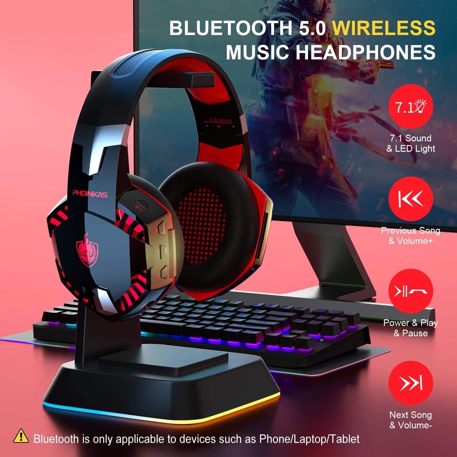 PHOINIKAS PS4 Gaming Headset for Xbox One, PS5, PC, G2000 Wired Over Ear Headphones with Detachable Noise Cancelling Mic, Bluetooth Wireless Earphones for Phone, One-Click 7.1 Sound, Up to 12h (Red)