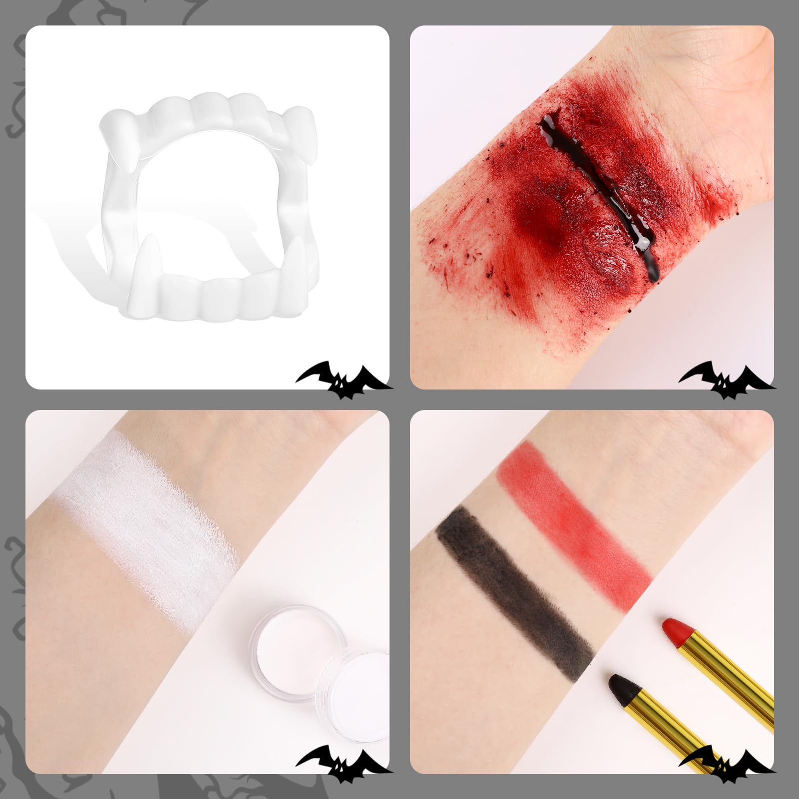 Kit de maquillaje de vampiro de Halloween con pintura blanca para cara y cuerpo, sangre falsa, lápiz de pintura facial negra y roja y dientes falsos SFX juego de maquillaje para heridas 4