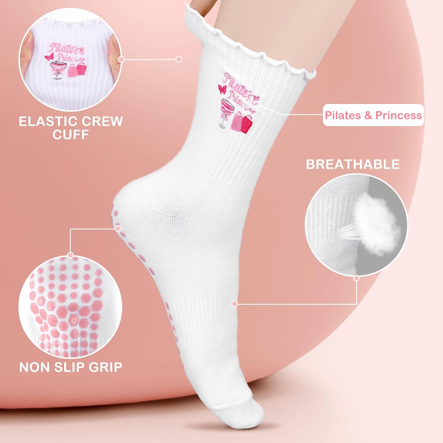 5 Pairs Cute Pilates Socks with Grip for Women Cotton Non Skid Coquette Bow Cherry Ruffle Yoga Crew Workout Socks - Image 5