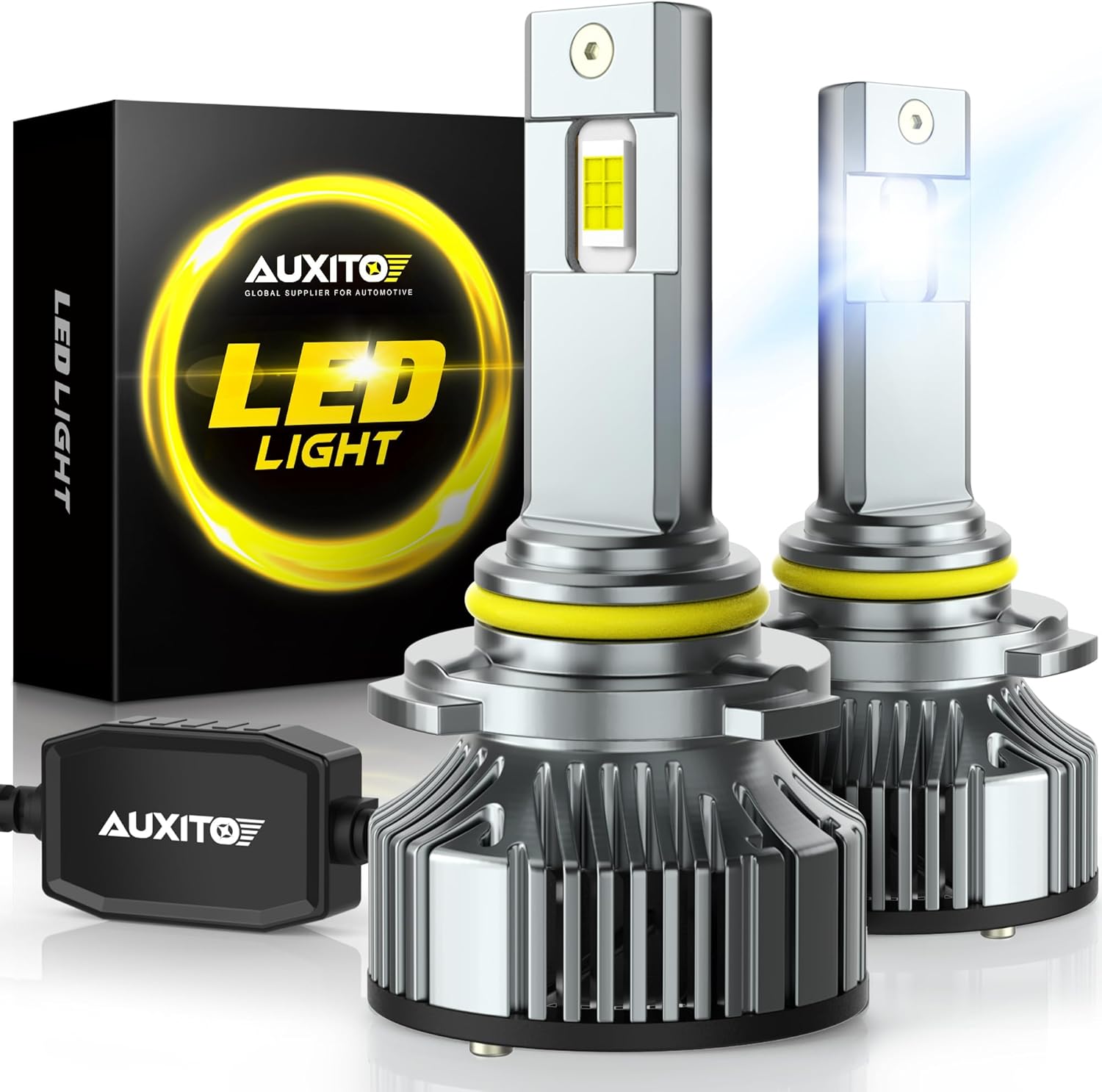 AUXITO 9005 HB3 Light Bulbs, 30000Lumens 120W Per Set, 900% Brighter, 6500K Cool White Fog Light Conversion Kits, Non-Polarity Plug and Play Adjustable Beam with Fan, Canbus Ready, Pack of 2