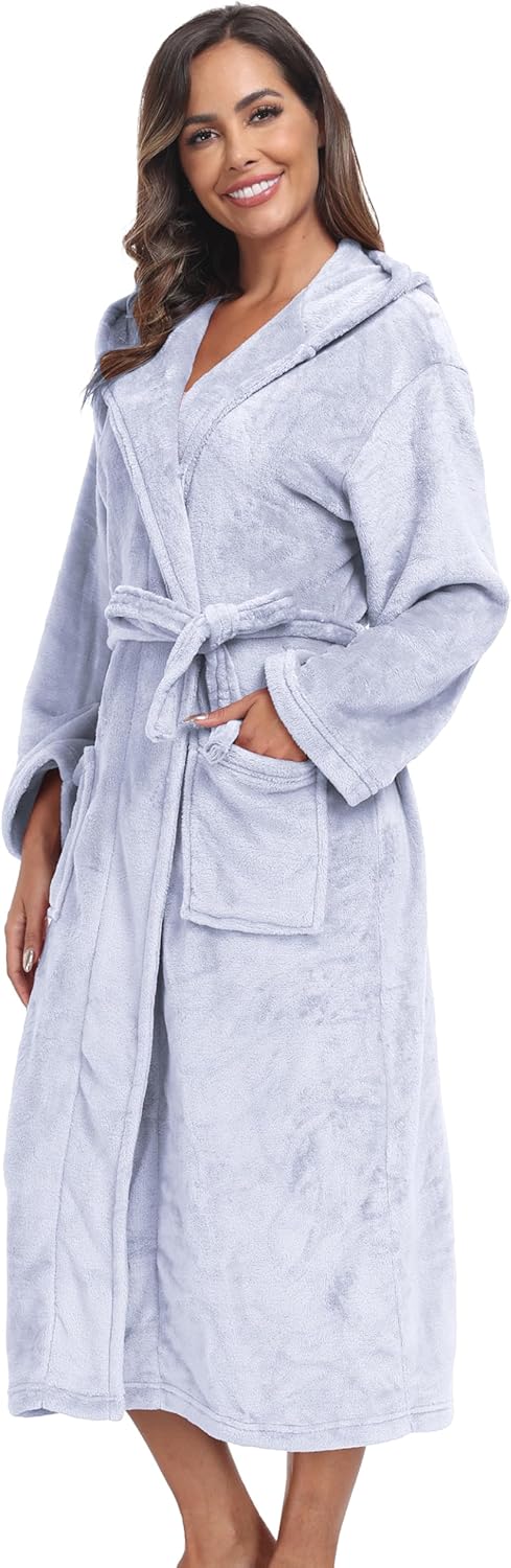 Womens Hooded Plush Bathrobe Warm Fleece Soft Long Robe Fuzzy Full Length Gown Shower Spa House Kimono for Women - Image 4