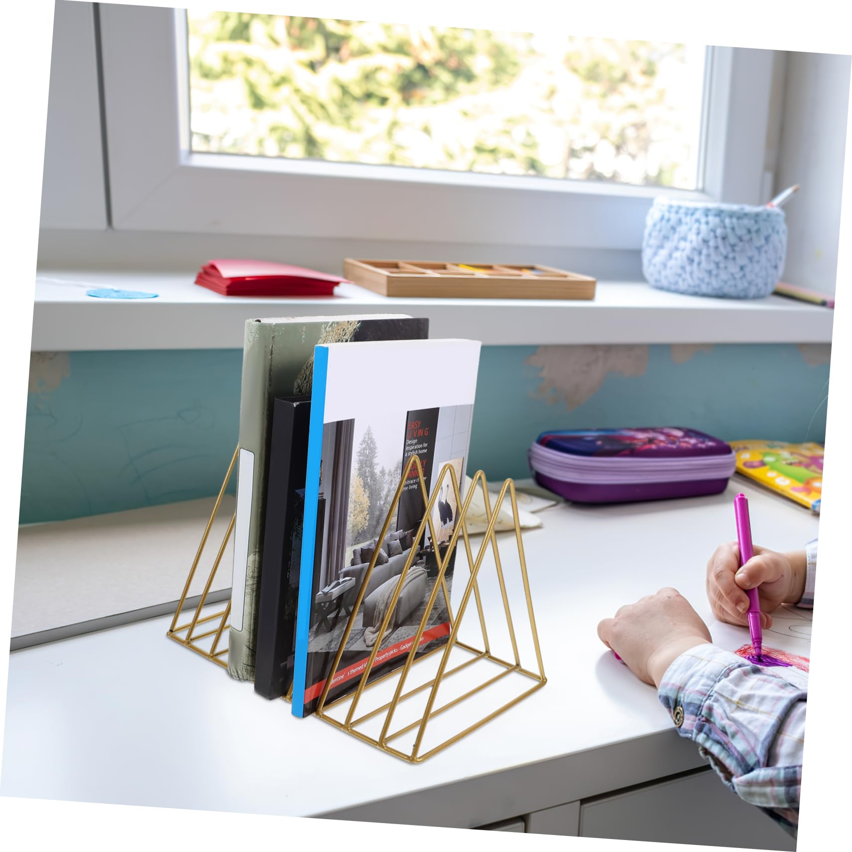 Porta Libri da Scrivania in Metallo Organizer per Documenti e Libri Pesanti Supporto in Vinile Salvaspazio Fermalibri Decorativi per Soggiorno Studio Ufficio