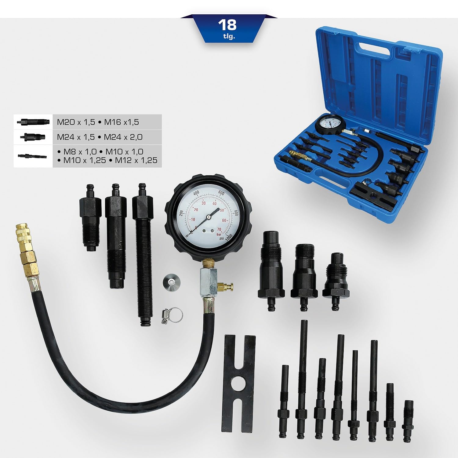 BRILLIANT TOOLS BT581000 Juego de comprobador de compresión para motores diésel, 18 pzs [Powered by KS TOOLS]