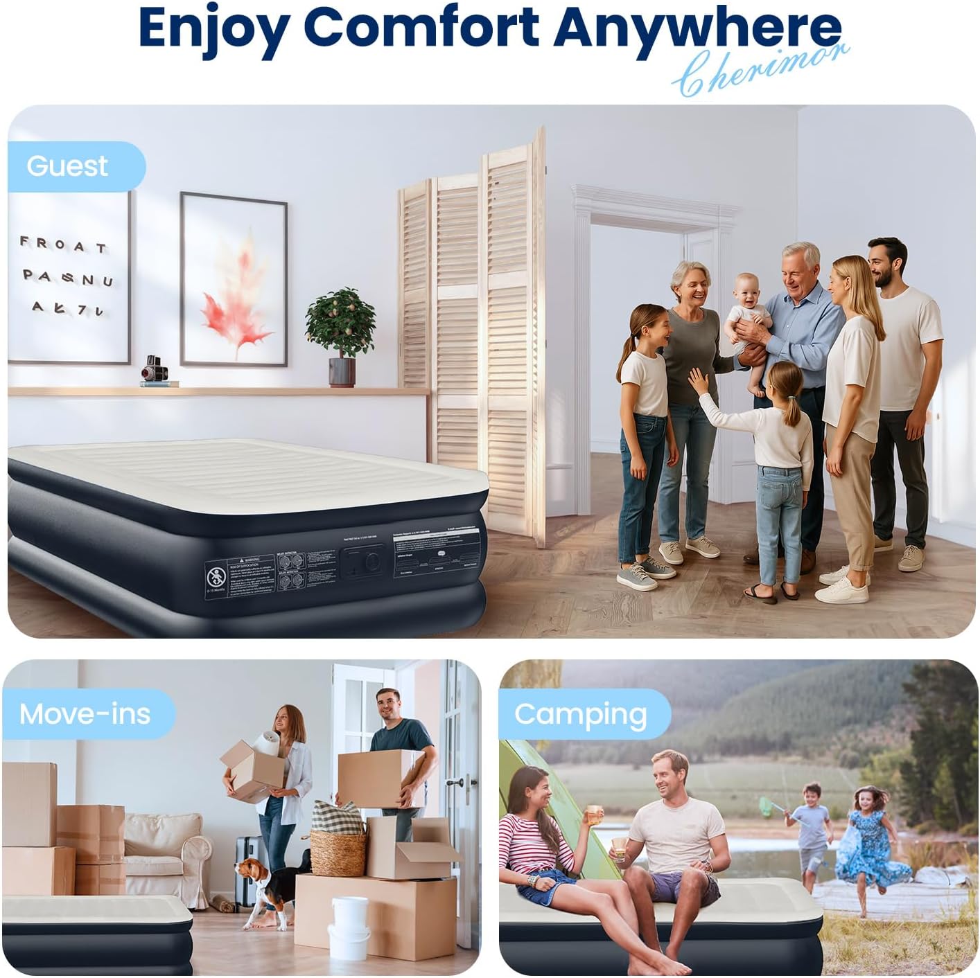 CHERIMOR Queen Air Mattress with Built in Pump, Inflatable Mattress with Reinforced Beam Support, 18 Inch Raised Heavy Duty Blow Up Bed, 800 lbs Capacity, Portable Airbed for Guests, Home & Travel