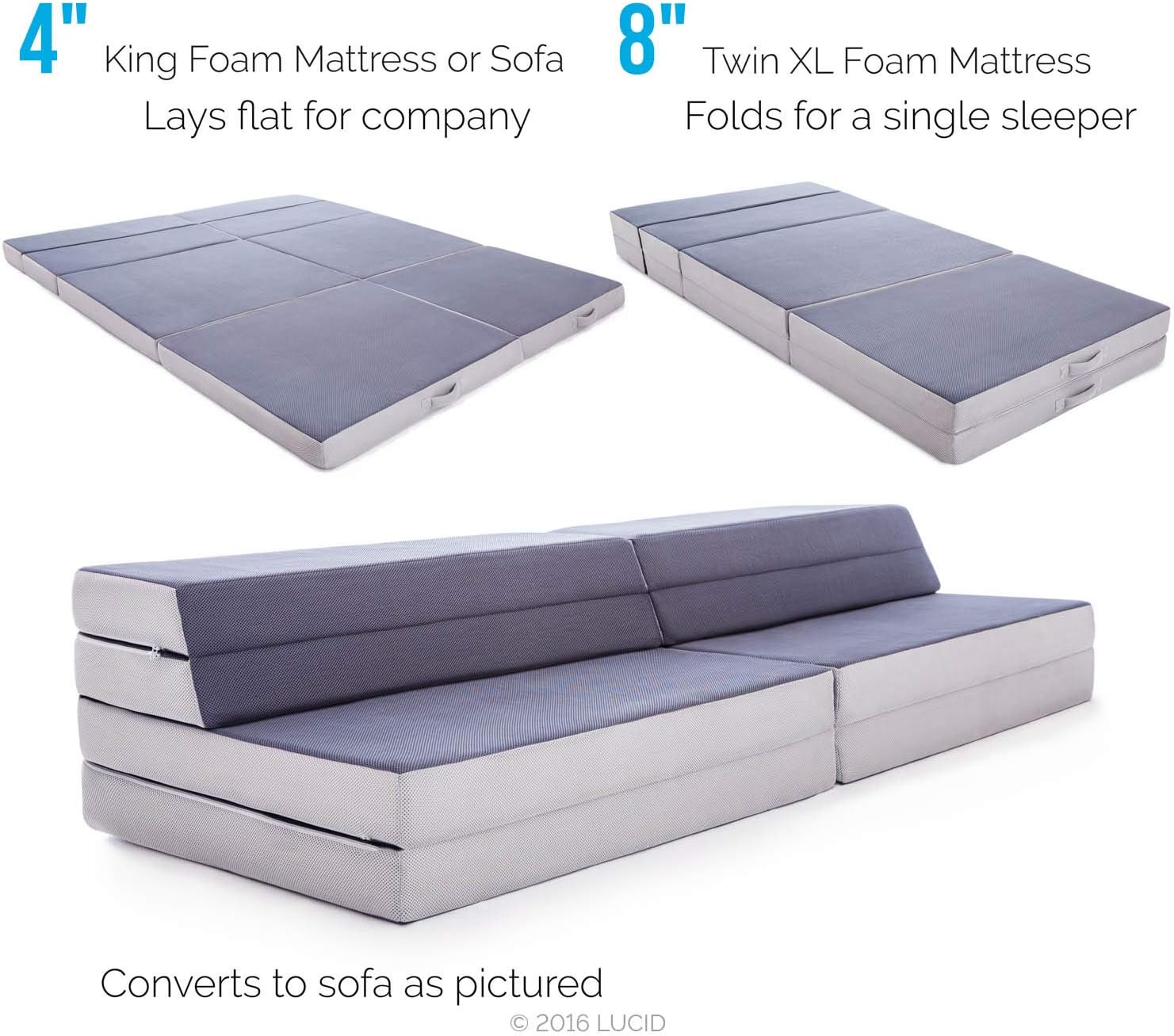 LUCID 4 Inch Folding Sofa and Play Mat - Comfortable and Durable Foam - Washable Cover - King