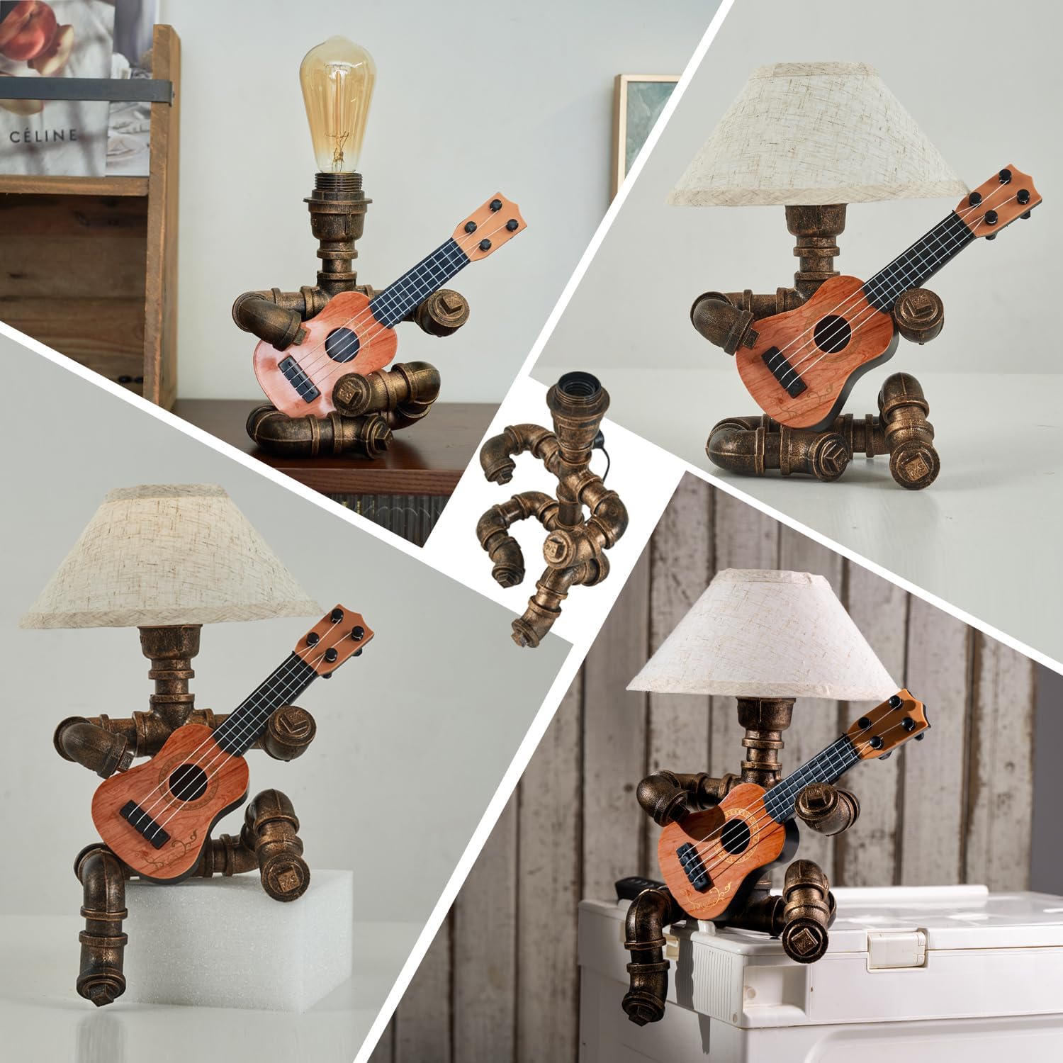 Vintage Industrial Robot Guitar Table Lamp with Bulb - Remote Control,Timer,Dimmable - Cool Gifts for Music Lovers,Men,& Musicians - Steampunk & Retro Style Bronze