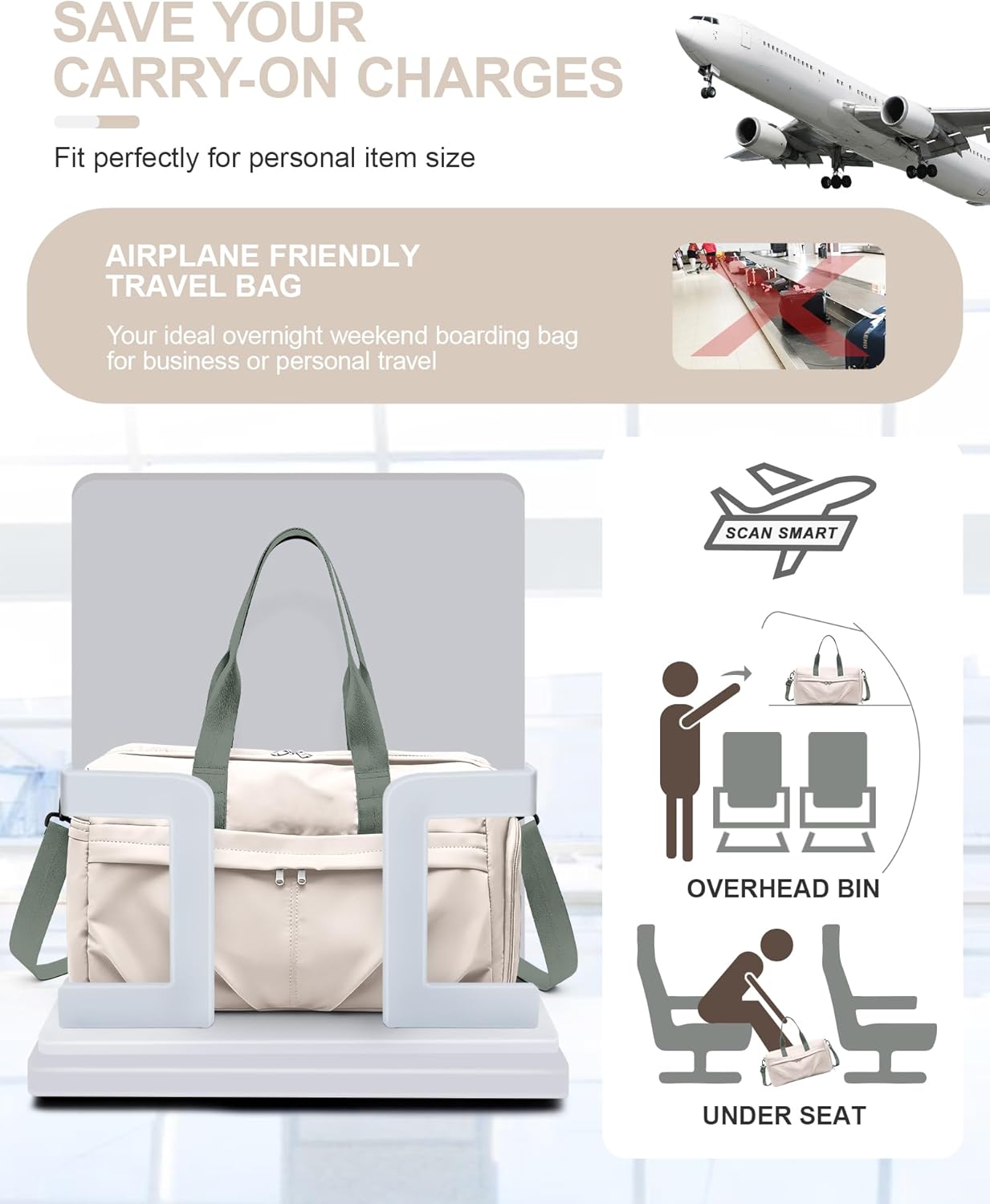 Gym Bag for Women Duffle Bag with Shoe Compartment Yoga Mat Bag Sports Workout Bag Weekend Overnight Bag, Beige Green - Image 5