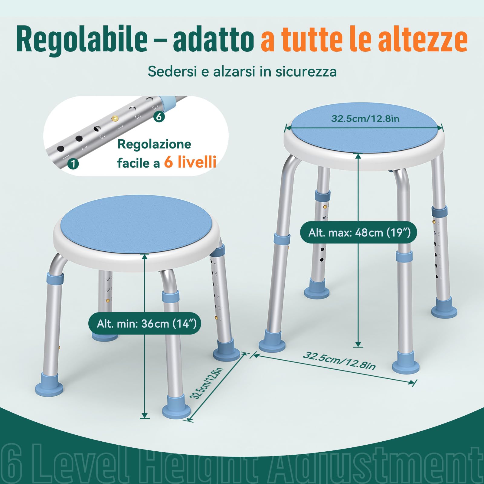 LC01 Sedia da Doccia Girevole 360° Regolabile in Altezza – Sgabello Doccia Antiscivolo in Alluminio con Sedile Rotante, Leggero per Anziani e Persone con Mobilità Ridotta