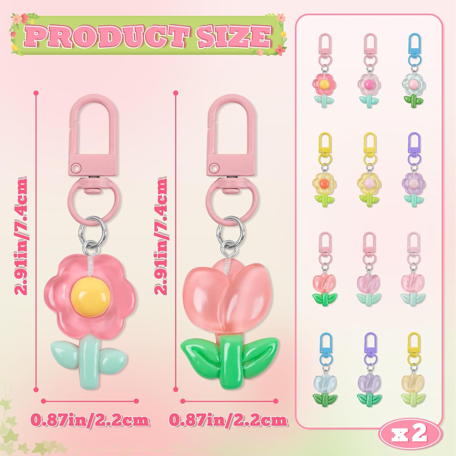 24 Pcs Cute Flower Keychain and Tulip Keychain Set, Cute Charms for Keychains Backpack Decorations for Women - Image 2