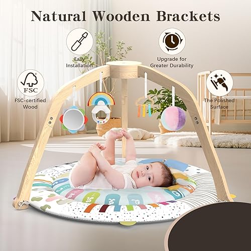 Miniatura 6 de Omzer Gimnasio de madera para bebés tapete de actividades para bebés con 5 zonas de desarrollo, gimnasios para bebés y tapetes de juegos con 4 4