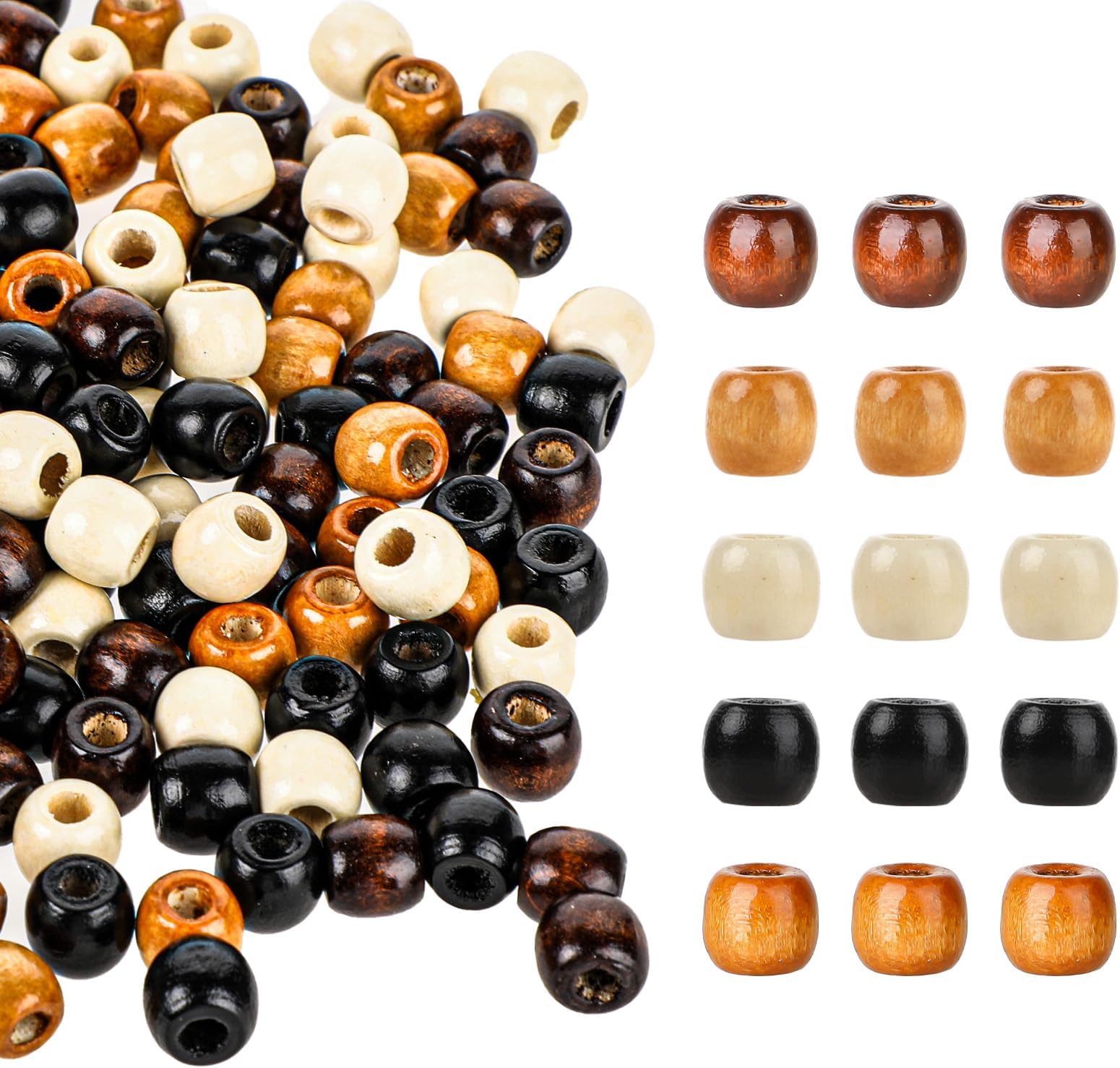 Mozeat LensMozeat Lens 200 PCS Large Hole Wooden Craft Beads 5 Colors Natural Barrel Wood Spacer Beads Wood Macrame Beads Hair Braid Beads for Hair Braids Jewelry Bracelet Necklace Making, 12x11mm