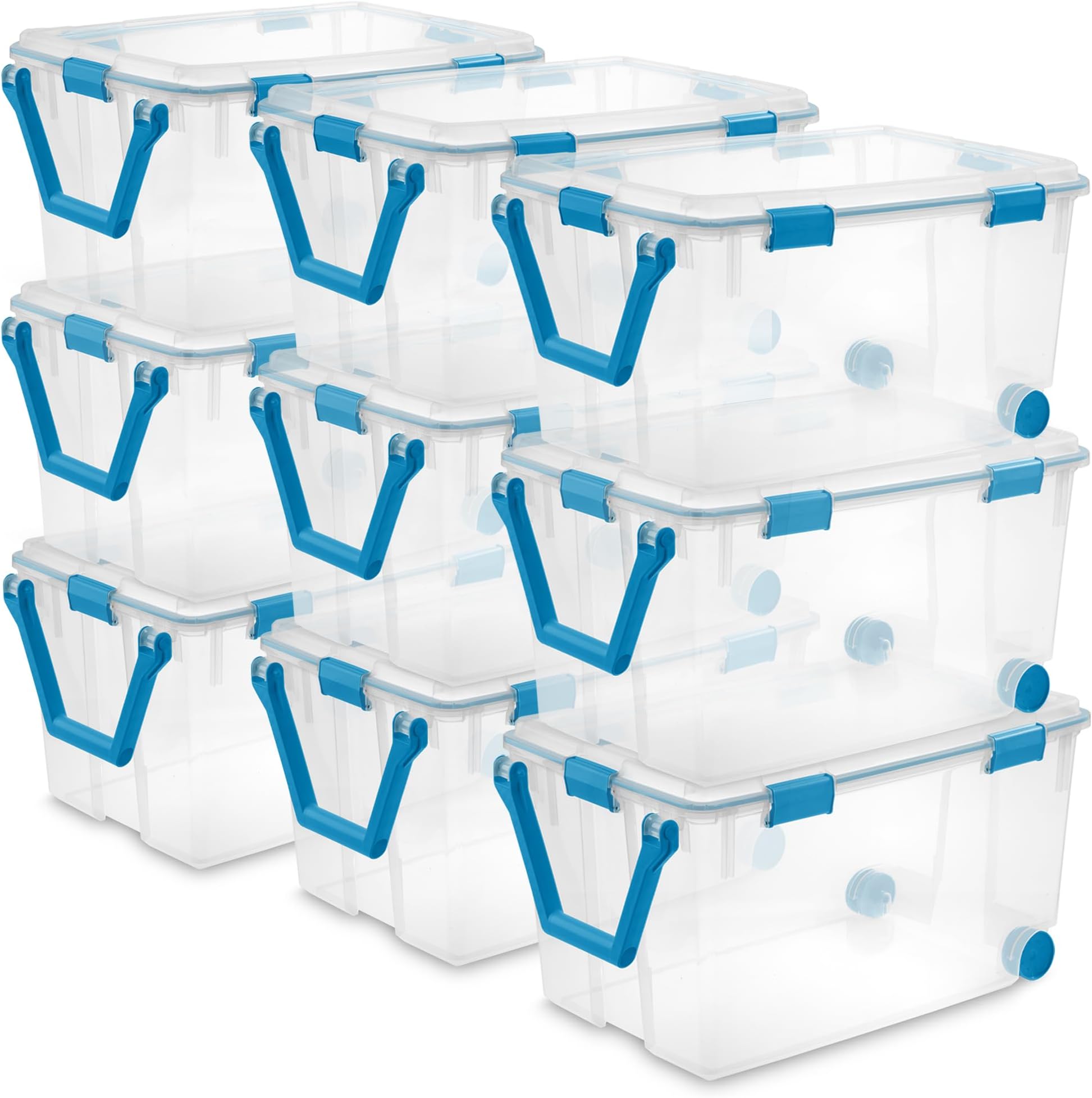 Sterilite 120 Qt Wheeled Gasket Box, Stackable Storage Bin with Latching Lid, Handle and Tight Seal, Plastic Container with Clear Base and Lid, 9-Pack