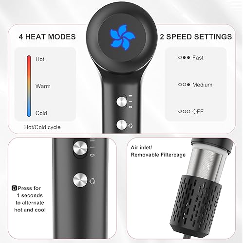 Miniatura 5 de ZPP Secador de pelo, secador de pelo profesional de alta velocidad, motor sin escobillas de 110000 rpm, motor de alta velocidad para secado rápido,