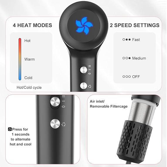 ZPP Hair Dryer, Professional High-Speed Ionic Blow Dryer, 110000 RPM Brushless Motor High Speed Motor for Fast Drying Low Noise Thermo-Control Hairdryer for Travel Women Men