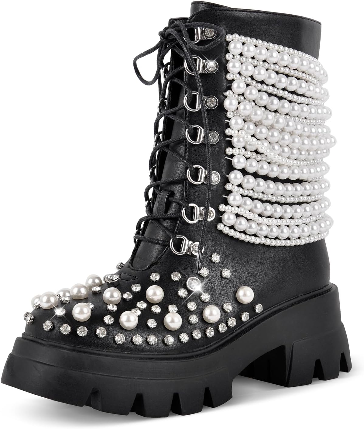 KISTANIA Platform Ankle Boots for Women Chunky Heel Lace-Up Combat Boots with Rhinestones Pearls Chains