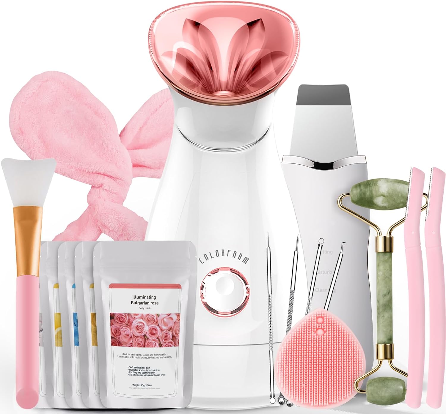 Colorfarm Facial Steamer Nano Ionic: Face Steamer Home Spa Kit Deep Cleaning Unclogs Pores Sinuses Inhaler with 8 Skin Care Tools – Humidifier Hot Mist Self Care Gifts for Women