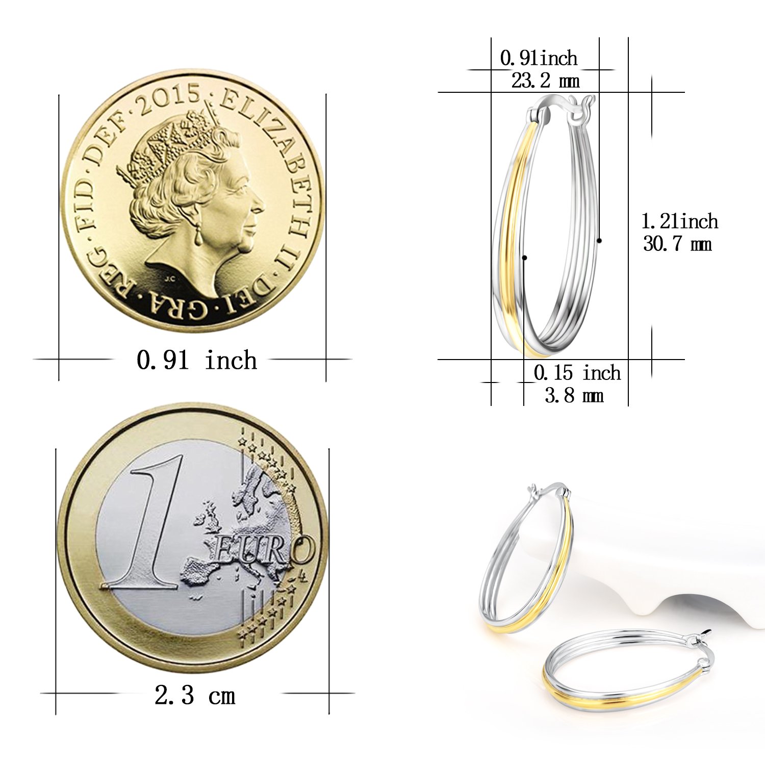Pendientes de aro de oro de plata de ley con forma ovalada de dos tonos para mujeres y niñas