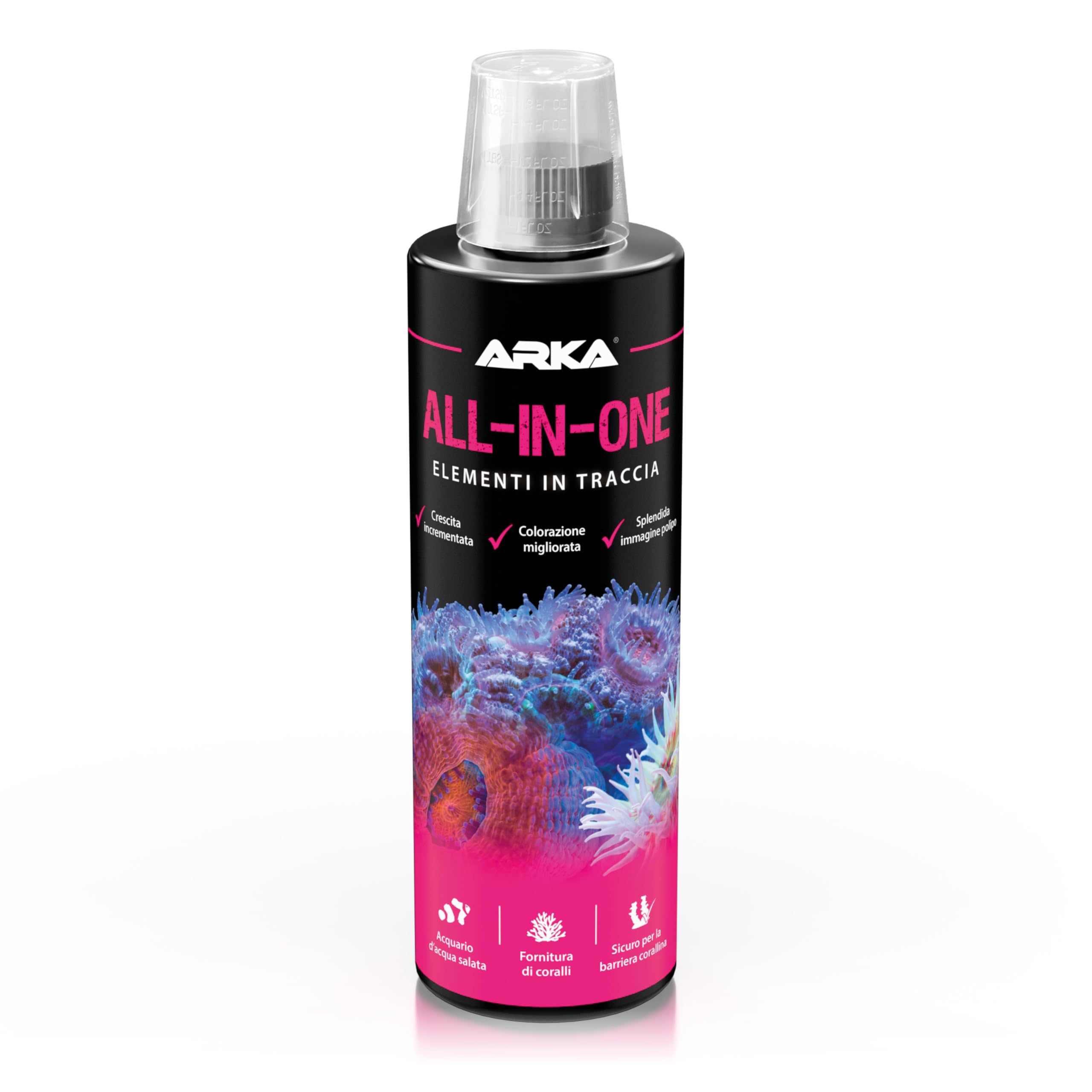 Integratore coralli acquario marino – ARKA All-In-One 473 ml – con calcio, iodio, stronzio e vitamine – oltre 70 nutrienti – per crescita, colore e salute di SPS, LPS e coralli molli