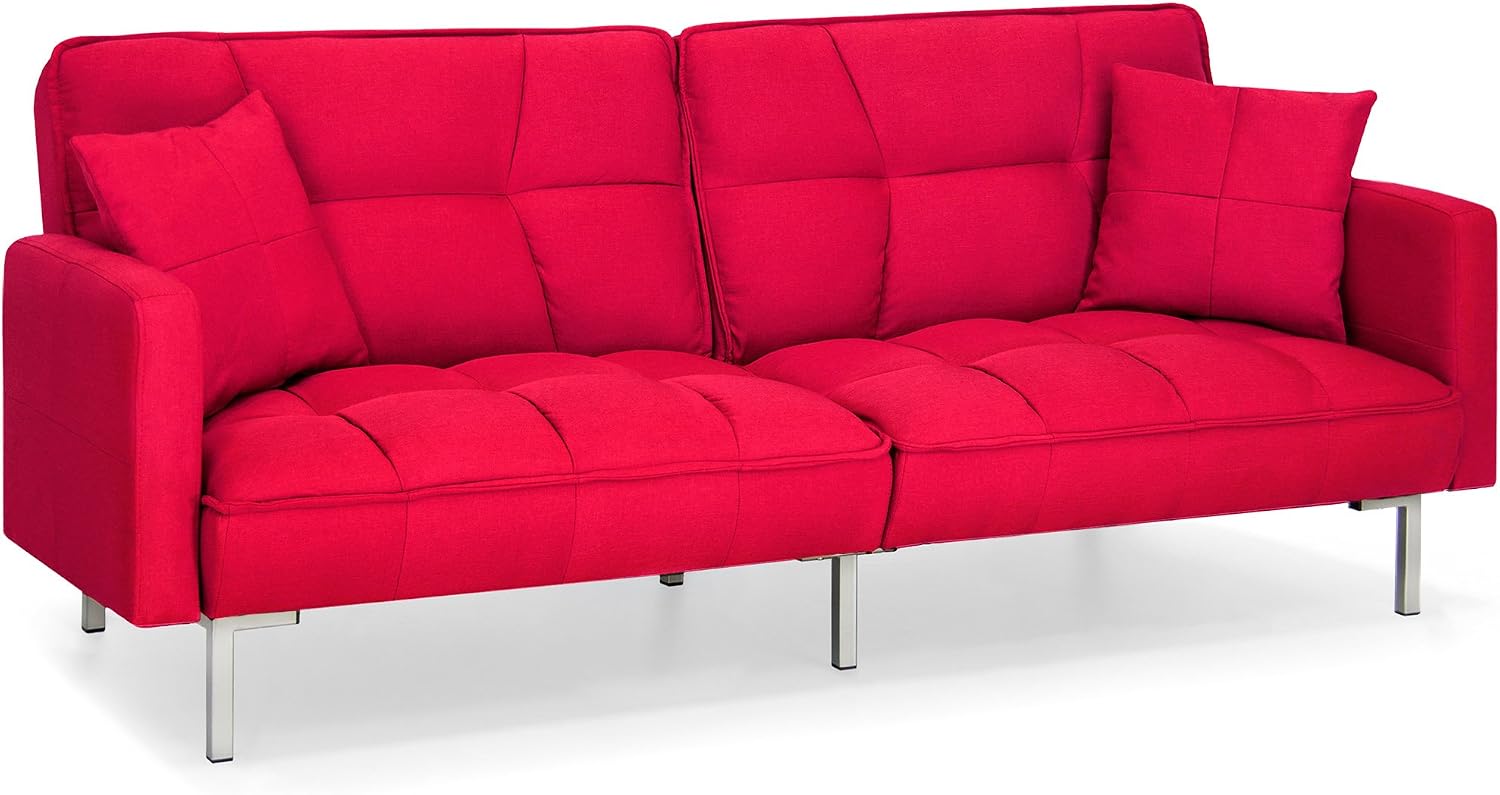 Best Choice Products Linen Upholstered Tufted Convertible Splitback Sleeper Futon w/Pillows, Dark Red