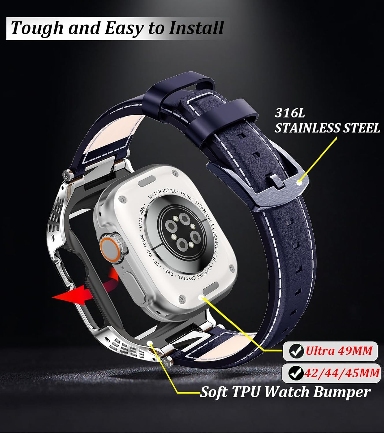 Stainless Steel Case Compatible with Apple Watch Ultra 2 Bands for Men 49mm 45mm 44mm 42mm,Vintage Genuine Leather Strap for iWatch Ultra 1/2 Series 9 8 7 6 5 4 3 2 1SE