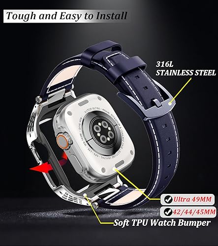 Miniatura 3 de Stainless Steel Case Compatible with Apple Watch Ultra 2 Bands for Men 49mm 45mm 44mm 42mm,Vintage Genuine Leather Strap for iWatch Ultra 12 Series