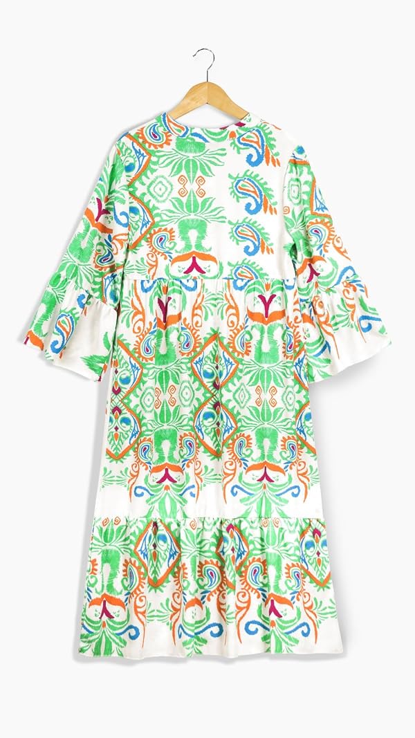 miduo Womens Fashion Casual 2026 Boho Beach Summer Spring 3/4 Sleeve V Neck Bohemian Tribal Print Flowy Midi Maxi Dresses A Line Dress Light Green XL by miduo - Used condition - Image 6