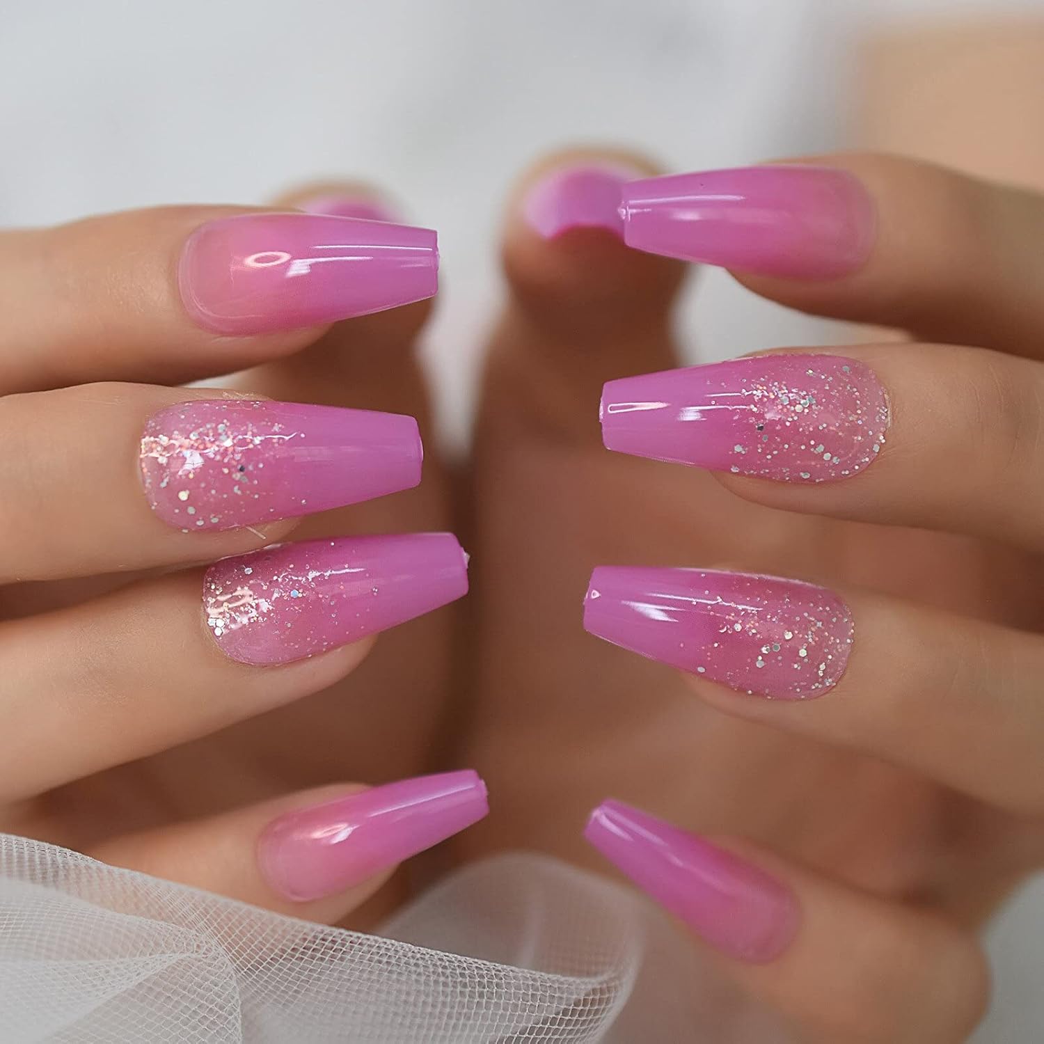 Amazon Com Coolnail Holo Glitter Pink Press On Nails Coffin Medium Length Long False Ballerina Fake Nails For Women Girls Salon Acrylic Nails Kit Everything Else