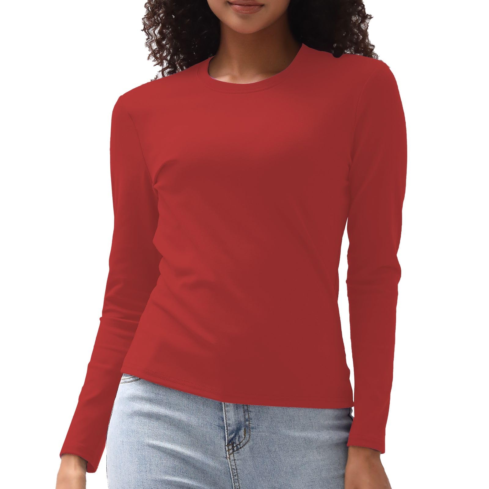 Cotton Long Sleeve Tee Shirts for Women Slim Fit Tshirts Basic Tops Tight Crewneck Layering Undershirts