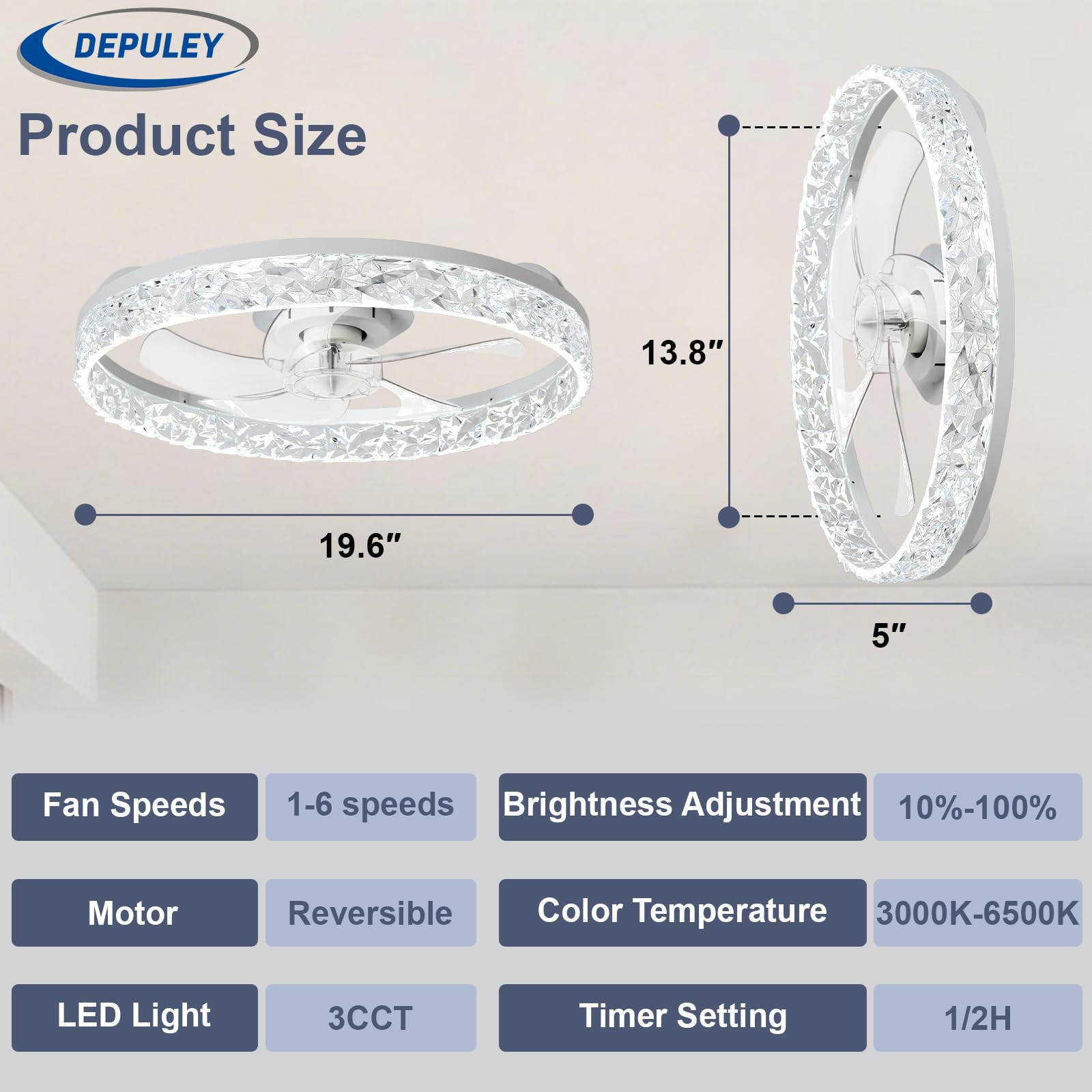 Depuley Ventiladores de techo de 20 pulgadas con luz: Ventilador de techo empotrado LED con control mediante aplicación - Luz regulable para ventilador de dormitorio - Blanco