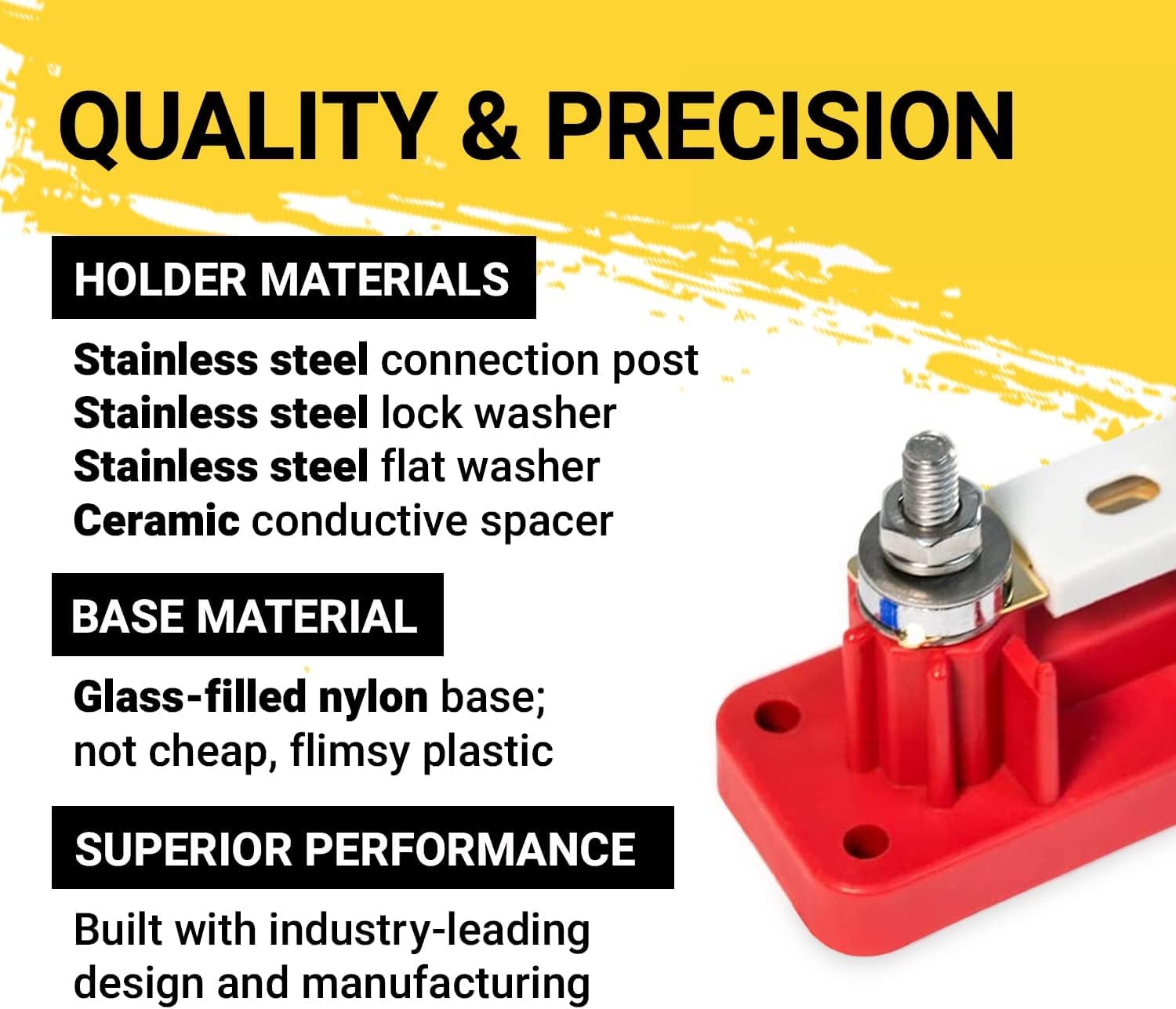Close-up view of the Spartan Power ANL fuse holder showing stainless steel connection posts, washers, and ceramic spacer.