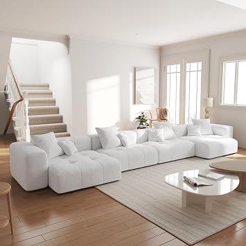 JACH 183.5 Inch U-Shaped Modular Sofas, Modern Extra Deep Corner Seat Couch for Living Room, Modular Sectional Couches, Cozy Sleeper Sofa for Living Room Linen Fabric, White