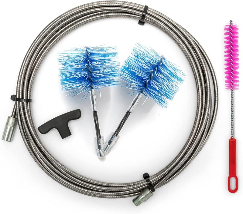 BARETTO Pro | Kit de ramonage poêle à granulés | Conduit de fumée Ø 80 + 100 mm | Longueur 9 m Premium | 2 hérissons articulés | Raccord M12