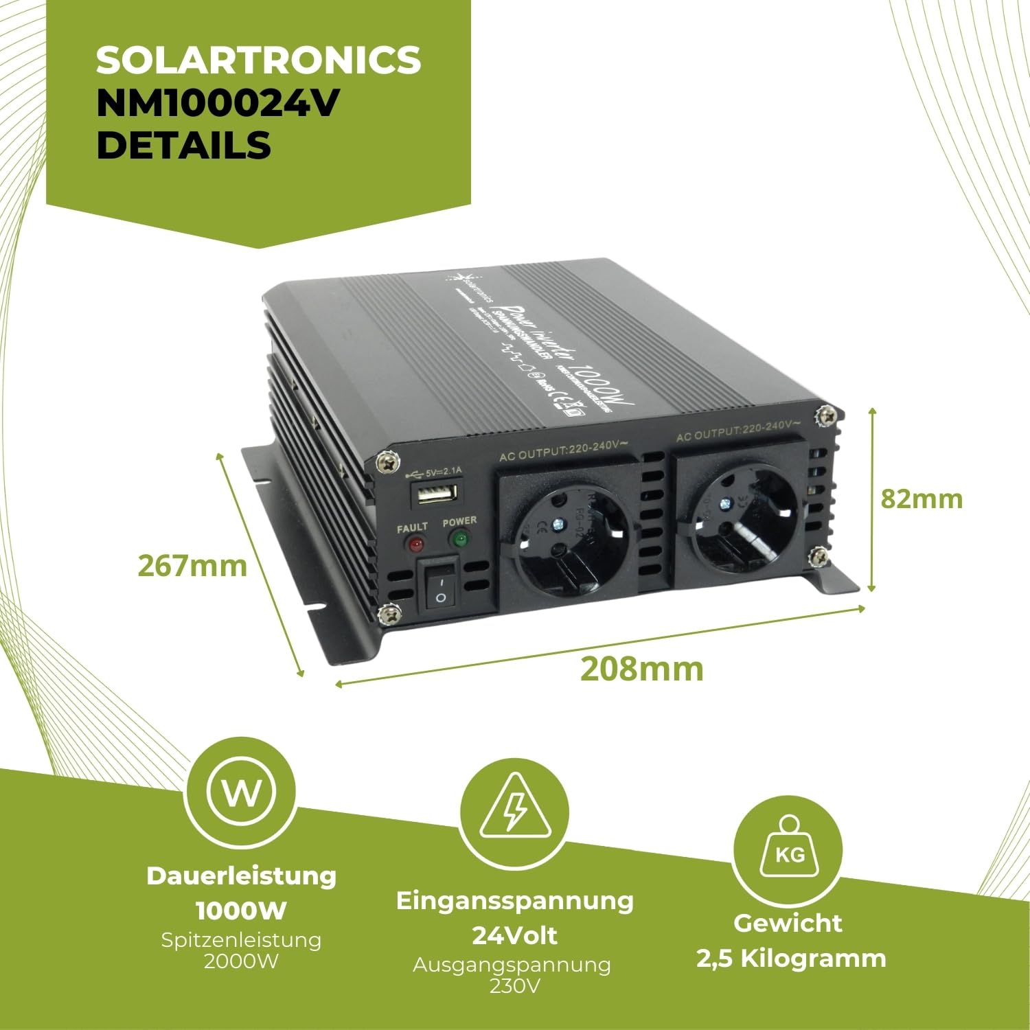 Solartronics NM1000 24V 1000 Watt Nero Convertitore di Tensione - 2000 Watt Spitzenleistung - Invertitore 24V Su 230V