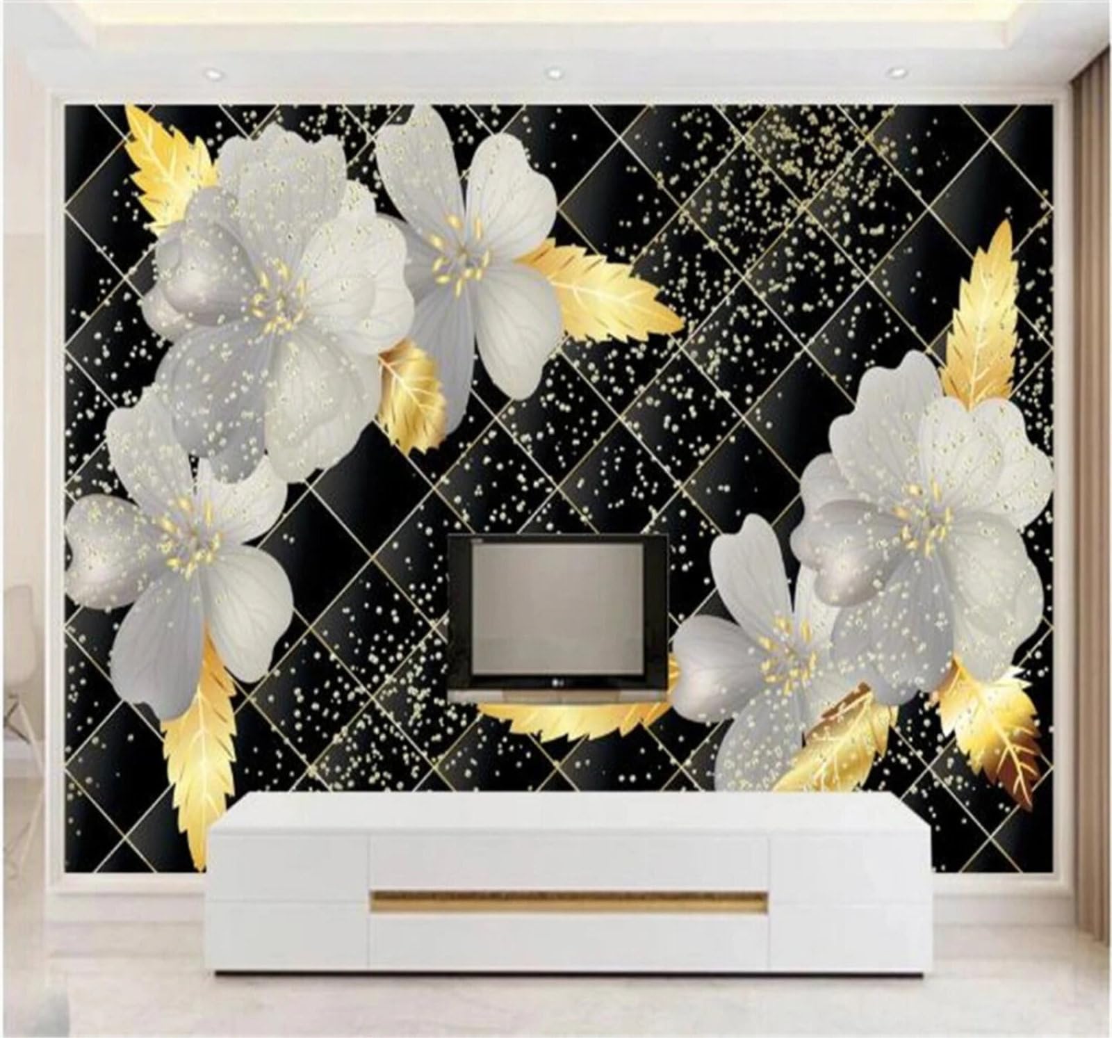 Exquisite Black Soft Pack White Flowers 3D Wallpaper Easy Install Feature Office Living Room Sofa Bedroom TV Background Wall Decoration-150cm×105cm