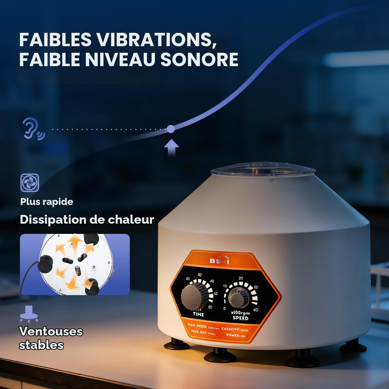 Bonvoisin Centrifugeuse de Laboratoire 6X20ml, 4000rpm, 60min, 1790xg Force Centrifuge, PRP PRF Utilisation pour 5/7/10ml Vacutainer & 10/15ml Tubes de Centrifugeuse (Original) | Minuterie de 60 min, Faibles Vibrations, pour Vacutainers de 5/7/10 ml et Tu