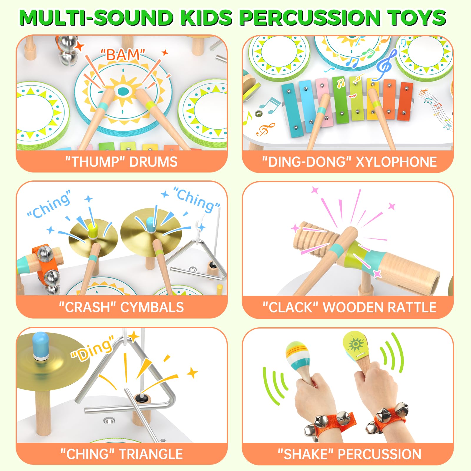 Batterie Enfant 12 en 1, Jouet Musical Montessori en Bois dès 1 an | Table musicale avec xylophone, bongos, cymbale, maracas et cloches ; cadeau d’anniversaire pour fille et garçon de 1 à 3 ans