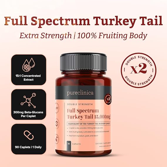 pureclinica Full Spectrum Turkey Tail Mushroom 1,000mg per Caplet x 90 Caplets Organic 15:1 Extract 300mg Beta-Glucans per Serving 100% Fruiting Body with Black Pepper Extract