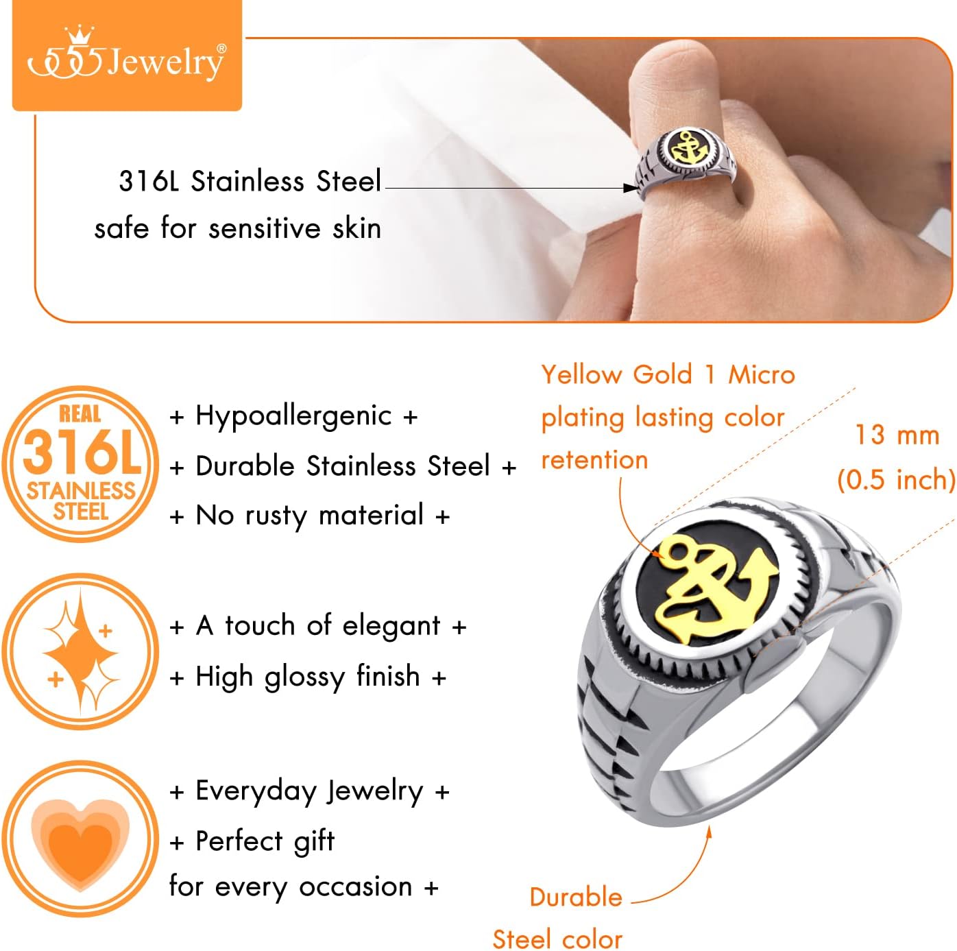 555Jewelry Stainless Steel Modern Nautical Pirate Sailor Anchor Signet Ring for Men - Image 6