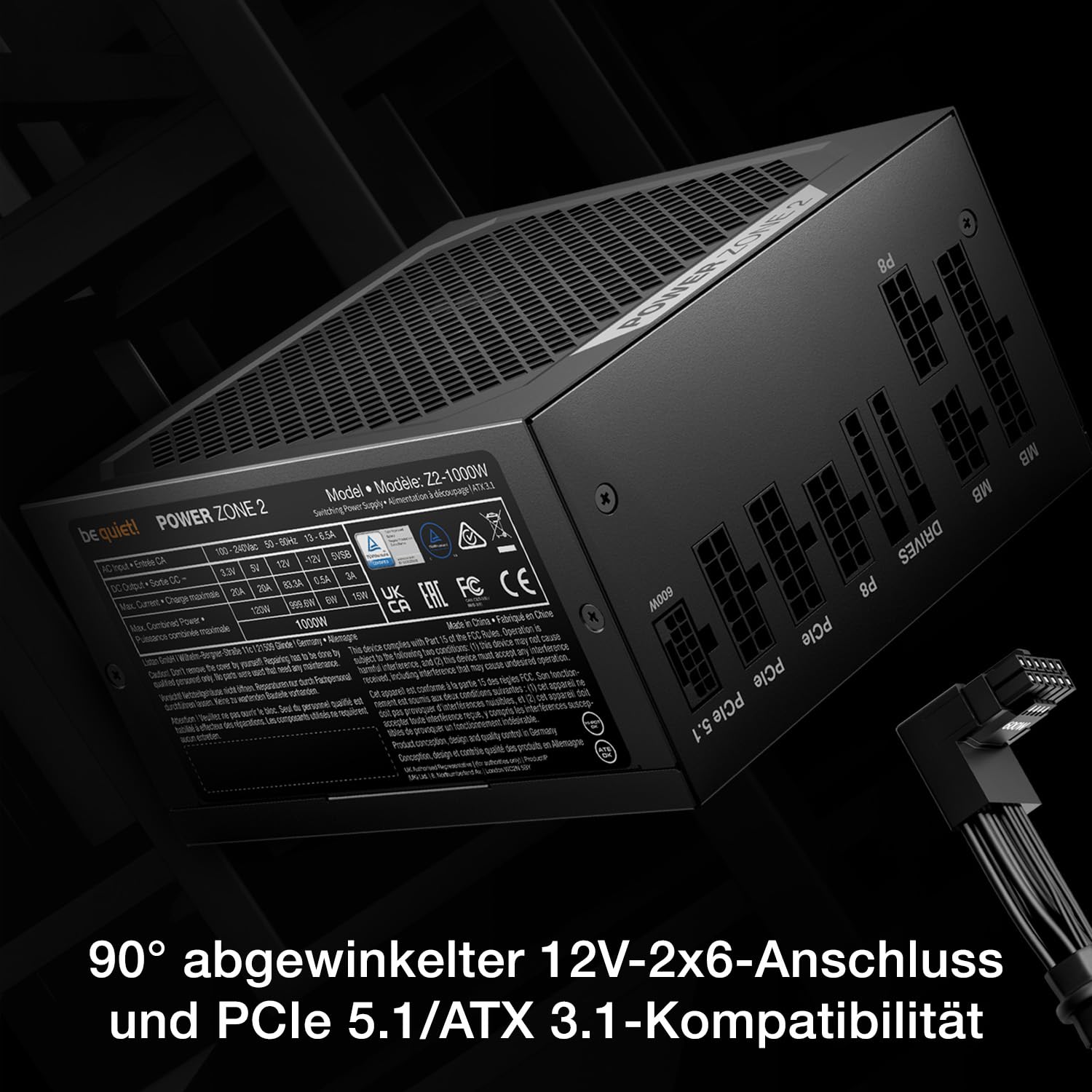 be quiet! Power Zone 2 1000W Netzteil, 80 Plus Platinum und Cybenetics Platinum Zertifizierung, semi-Passive Kühlung, Pure Wings 3 140mm Lüfter, 90° abgewinkelter 12V-2x6-Anschluss, PCIe 5.1/ATX 3.1