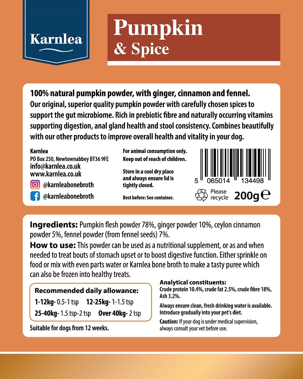 Pumpkin Spice Whole Food Supplement Topper for Dogs 200g | Superior Pumpkins Powder with Added Gut Healthy Spices | Pumpkin Spices| Fibre Rich, Prebiotic, Anal Gland Health| Scooting (200g)