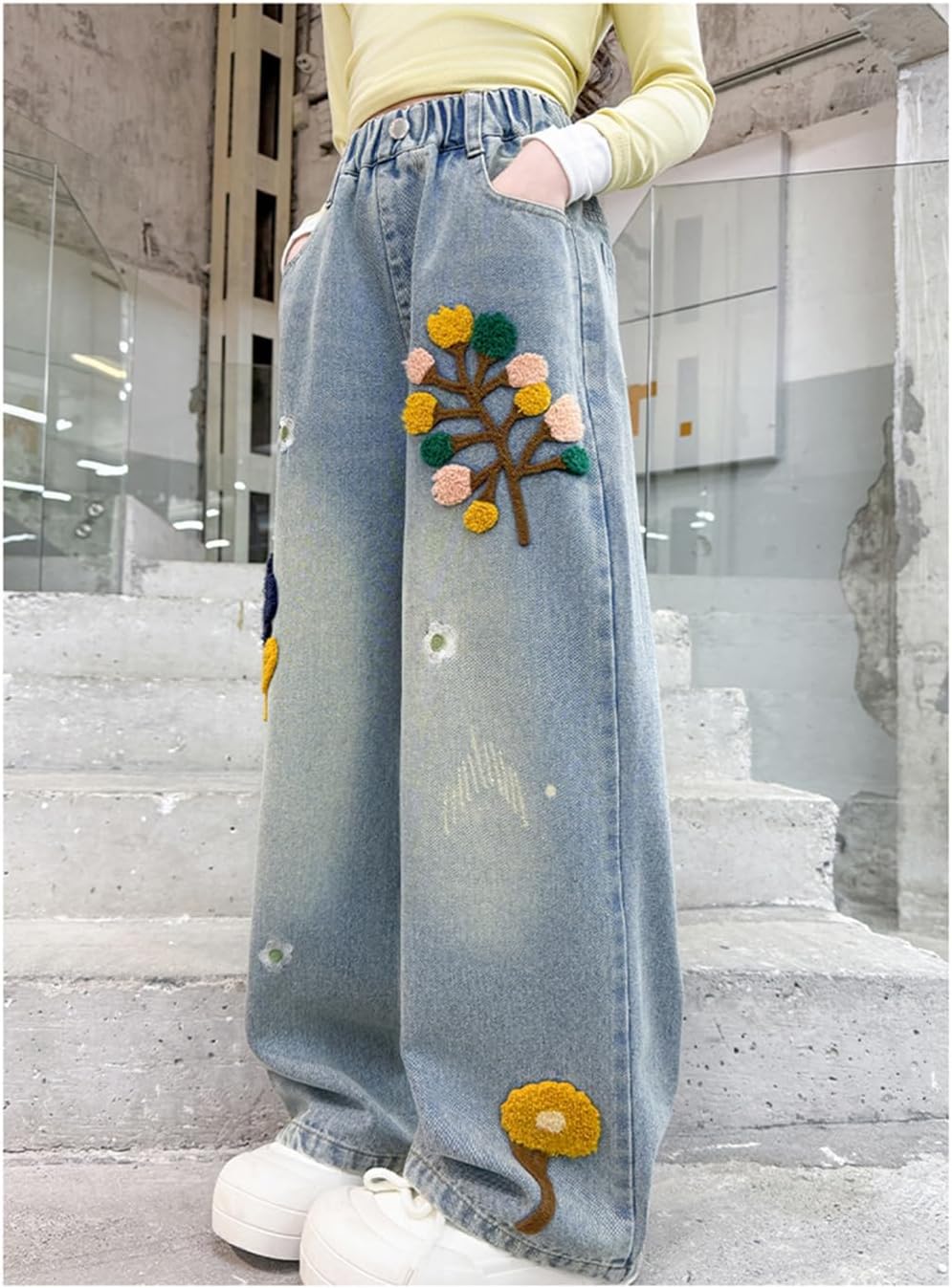 HBER Girl’s Baggy Straight Leg Jeans Casual Y2K Cute Embroidered Elastic Waist Loose Fit Denim Pants for Kids Teen Girls