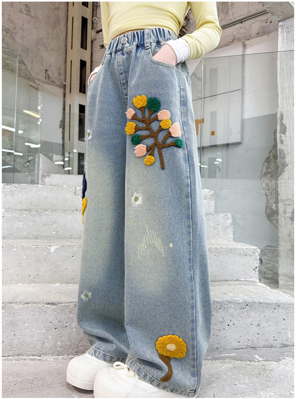HBER Jeans holgados de pierna recta para niña, estilo casual, Y2K, bonitos pantalones de mezclilla bordados con cintura elástica para niños, adolescentes y niñas