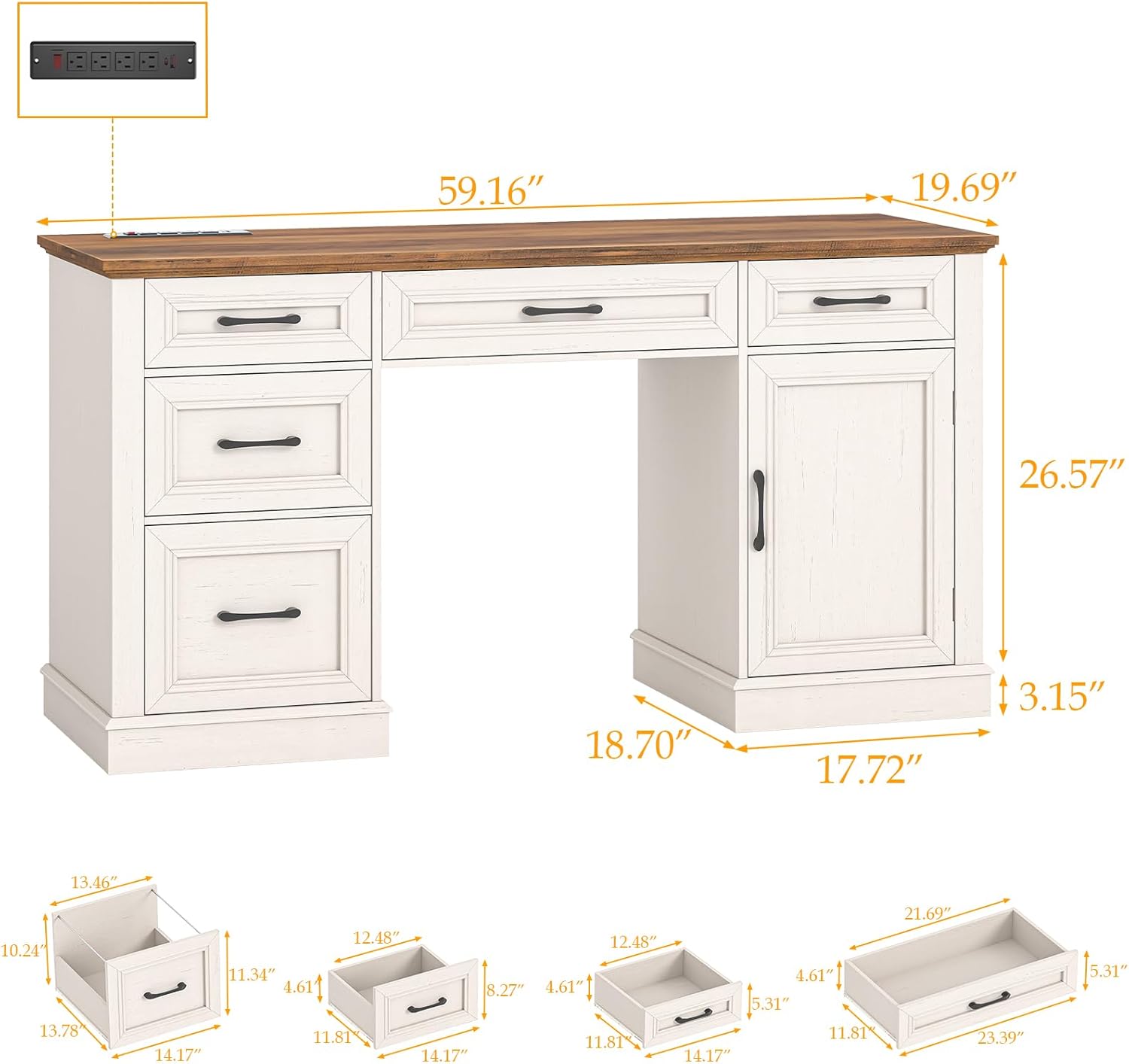 Vabches Farmhouse 59-inch Executive Desk with detailed dimensions